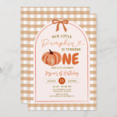 ハロウィンの弓飾りパンプキンの1歳誕生日パーティー 招待状 (正面/裏面)