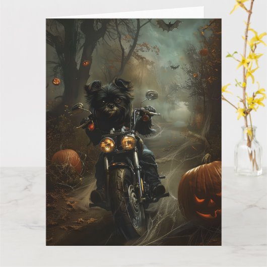 ハロウィンの怖いアフェンピンシャーのバイク乗り カード (黄色い花)