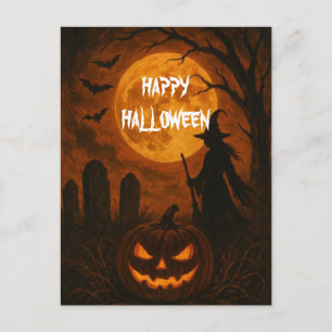 ハロウィンの怖いカボチャ魔女の夜 ポストカード