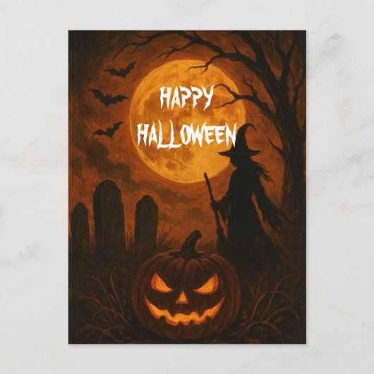 ハロウィンの怖いカボチャ魔女の夜 ポストカード (正面)