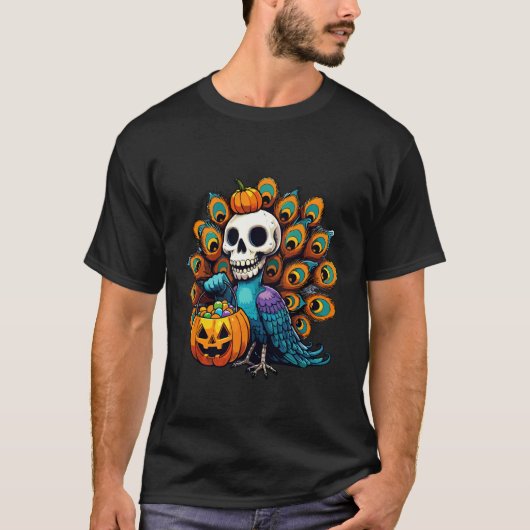 ハロウィンの怖いクジャクの幽霊のお菓子入れ 7 Tシャツ (正面)