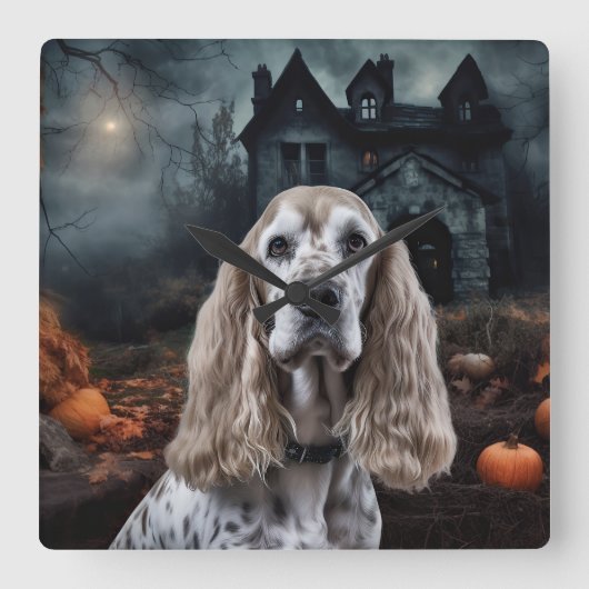 ハロウィンの怖いコッカー・スパニエル スクエア壁時計 (正面)