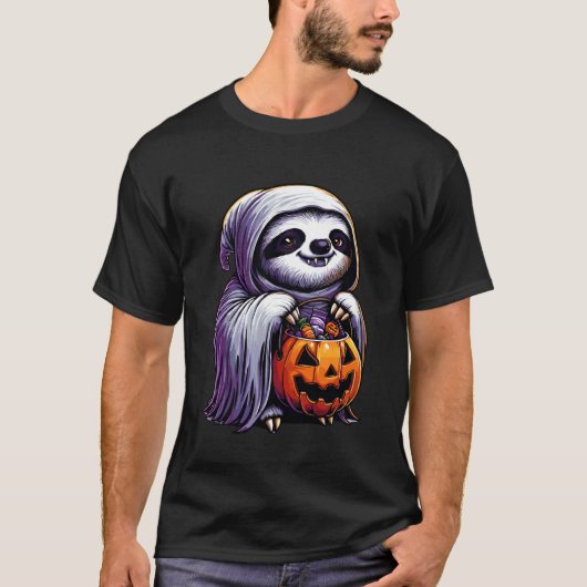 ハロウィンの怖いナマケモノの幽霊のお菓子入れ Tシャツ (正面)