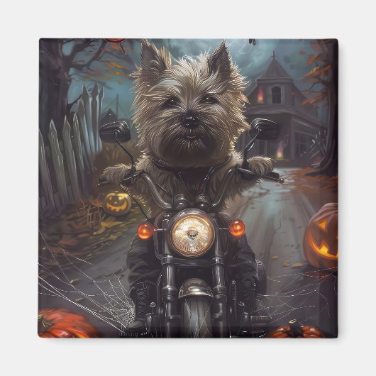 ハロウィンの怖いバイクに乗ったケアン・テリア マグネット (正面)
