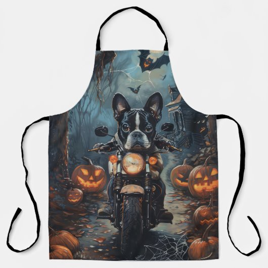 ハロウィンの怖いバイクに乗ったボストンテリア エプロン (正面)
