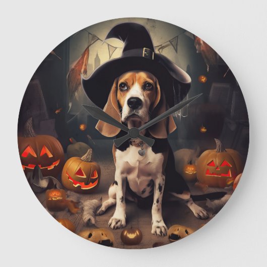 ハロウィンの怖いビーグルのかぼちゃ ラージ壁時計 (正面)
