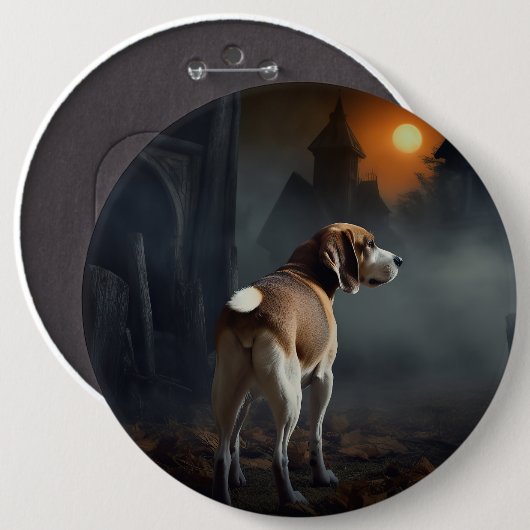 ハロウィンの怖いビーグル犬 缶バッジ (正面&裏面)