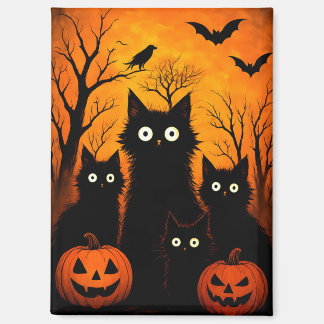 ハロウィンの怖い猫とコウモリのデザイン | ダークホラー マグネット