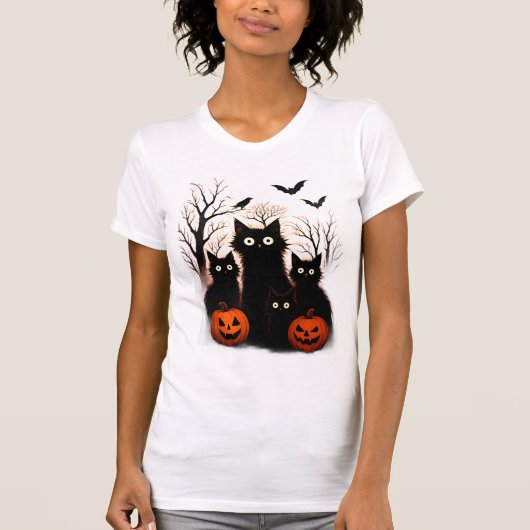 ハロウィンの怖い猫とコウモリのデザイン | ダークホラー Tシャツ (正面)