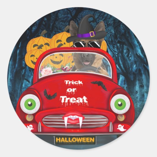 ハロウィンの怖い車を運転するジャーマンシェパード ラウンドシール (正面)