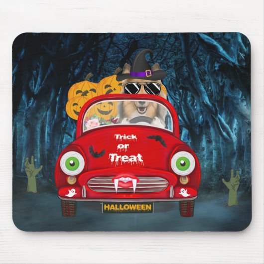ハロウィンの怖い車を運転するラフコリー マウスパッド (正面)