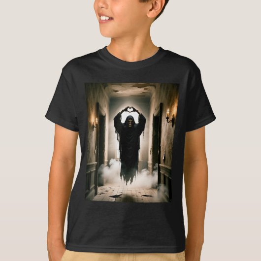 ハロウィンの怖い顔の幽霊のハートの手の面白いデザイン Tシャツ (正面)