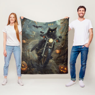 ハロウィンの怖い黒猫バイク フリースブランケット