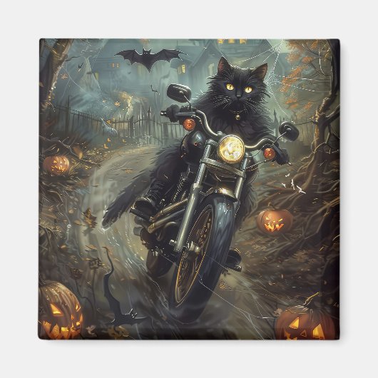 ハロウィンの怖い黒猫バイク マグネット (正面)