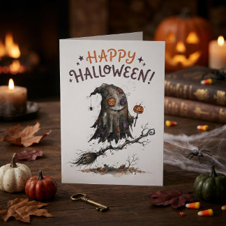 ハロウィンの怪物が箒に乗って飛ぶ カード