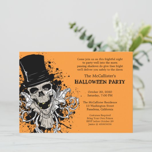 ハロウィンの恐怖夜スカルの衣裳のパーティー 招待状 (スタンド正面)