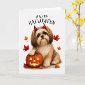 ハロウィンの悪魔のシーズー カード (黄色い花)
