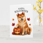 ハロウィンの悪魔犬に扮した柴犬 カード (黄色い花)