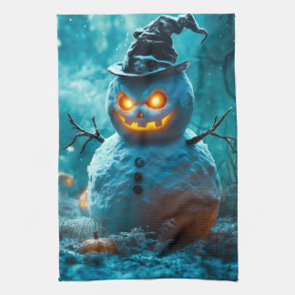 ハロウィンの悪魔的雪だるま(光る目) キッチンタオル