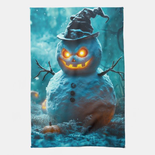 ハロウィンの悪魔的雪だるま(光る目) キッチンタオル (縦)