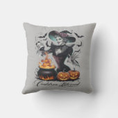 ハロウィンの愉快なヴィンテージ風の魔法使いと大釜のハロウィン クッション (裏面)