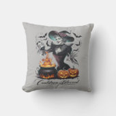 ハロウィンの愉快なヴィンテージ風の魔法使いと大釜のハロウィン クッション (正面)