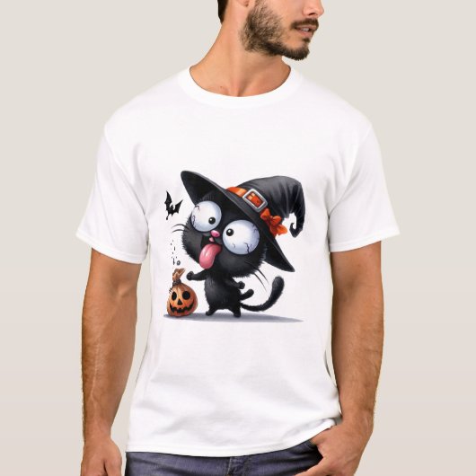 ハロウィンの愉快な魔女猫 スプーキーなお菓子 ✨🐾🎃 Tシャツ (正面)