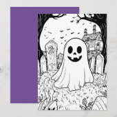 ハロウィンの手作りぬりえカード - かわいいおばけ シーズンカード (正面/裏面)