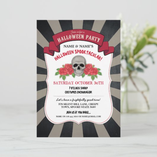 ハロウィンの招待のスカルのバラの赤いサーカスのパーティー 招待状 (スタンド正面)