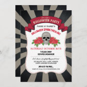 ハロウィンの招待のスカルのバラの赤いサーカスのパーティー 招待状 (正面/裏面)