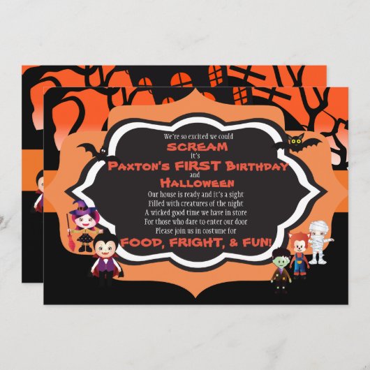 ハロウィンの招待状の子供の誕生会カード 招待状 (正面/裏面)