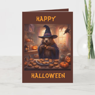 ハロウィンの挨拶をする魔女の格好をしたビーバー カード