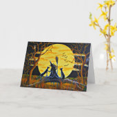 ハロウィンの挨拶状、魔法使い、こうもり、黒、猫 カード (黄色い花)