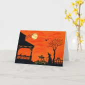 ハロウィンの挨拶状、魔法使い、黒、猫、スカル カード (黄色い花)