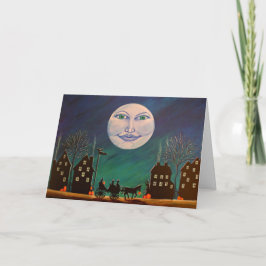 ハロウィンの挨拶状、魔法使い、黒、猫、月 カード