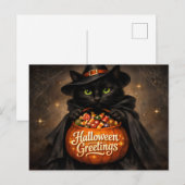 ハロウィンの挨拶 黒猫とキャンディ ポストカード (正面/裏面)