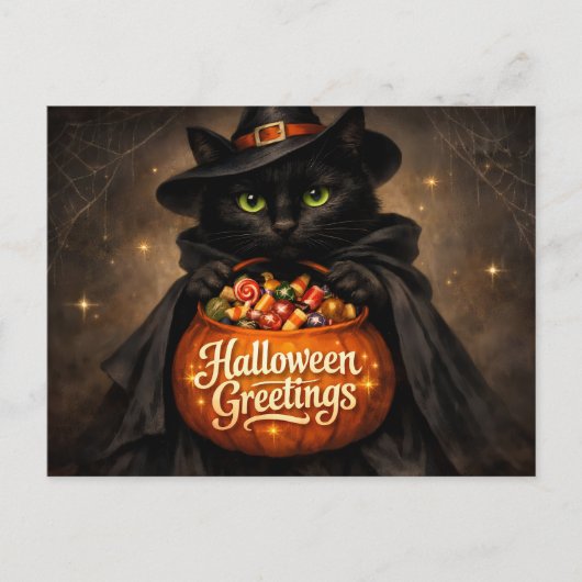 ハロウィンの挨拶 黒猫とキャンディ ポストカード (正面)