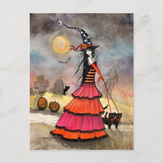 ハロウィンの散歩 魔女と黒猫のアート ポストカード (正面)