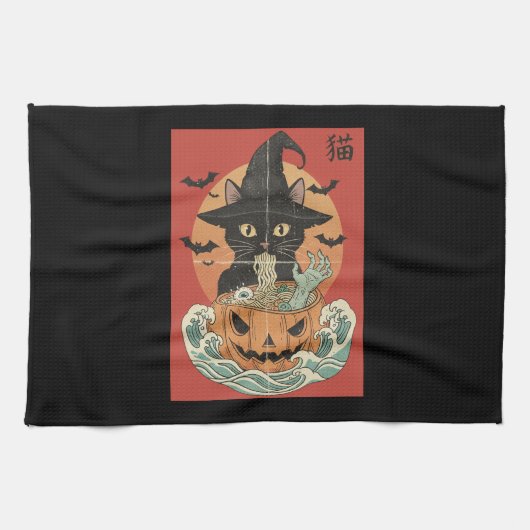 ハロウィンの日本ラーメンを食べる黒猫 キッチンタオル (横)