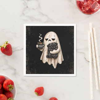 ハロウィンの時期にぴったりな不機嫌そうな幽霊がかわいい黒パグを抱えた「メェ~」なデザイン。おどろおど スタンダードカクテルナプキン