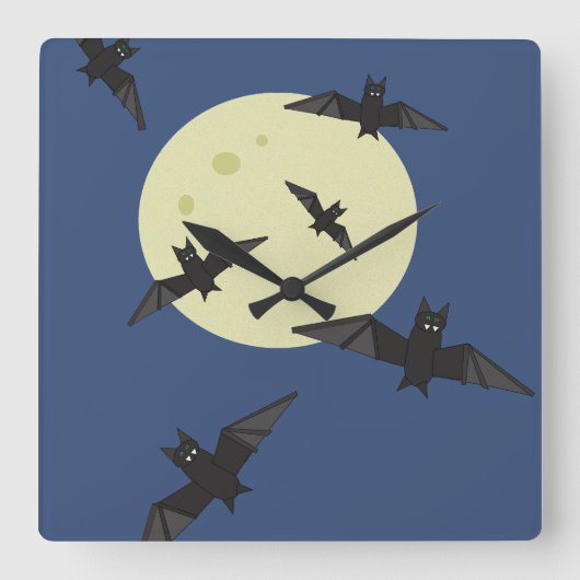 ハロウィンの月とコウモリ スクエア壁時計 (正面)