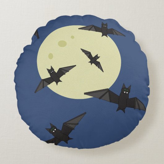 ハロウィンの月と飛ぶコウモリ ラウンドクッション (正面)
