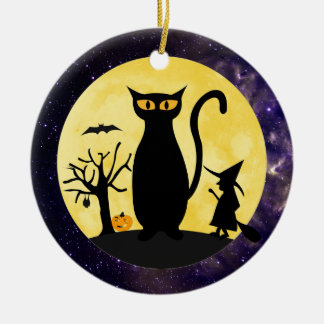 ハロウィンの月のオーナメントの猫 セラミックオーナメント