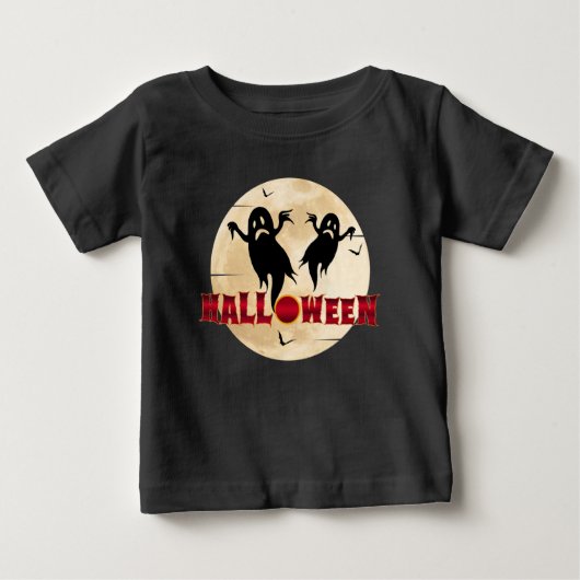 ハロウィンの月のシルエット 幽霊 コウモリ ベビーTシャツ (正面)
