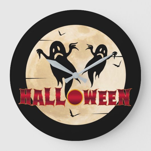 ハロウィンの月のシルエット 幽霊 コウモリ ラージ壁時計 (正面)