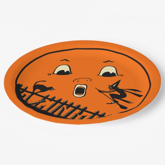 ハロウィンの月のヴィンテージのデザイン-黒猫及び魔法使い ペーパープレート (アングル)