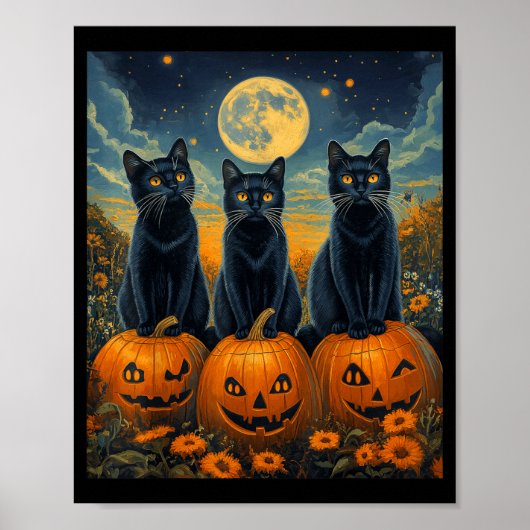 ハロウィンの月明かりのパンプキンパッチ黒猫 ポスター (正面)
