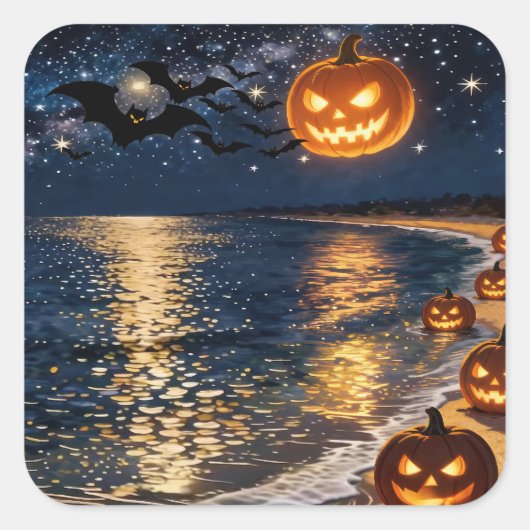 ハロウィンの月明かりの浜辺 スクエアシール (正面)