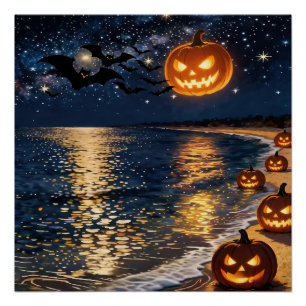 ハロウィンの月明かりの浜辺 ポスター