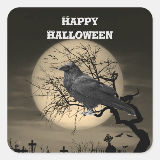ハロウィンの木の上の黒いワタリガラス  スクエアシール (正面)